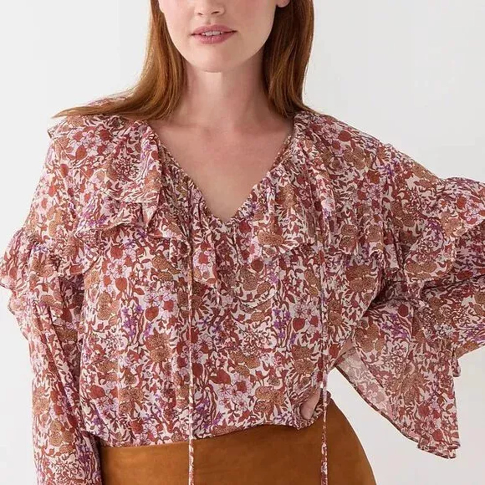 J. Crew Womens Floral Crinkle‎ Chiffon Ruffle Top Long Sleeve Multicolor Size S